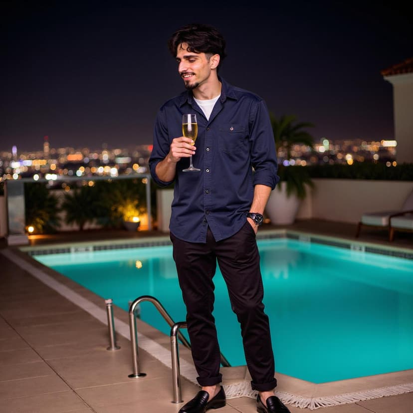 Poolside lifestyle photo optimized for Hinge profile, showing relaxed and approachable demeanor